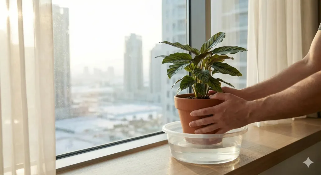 Close-up of person bottom-watering indoor plant in Dubai apartment during winter, natural soft sunlight, photorealistic