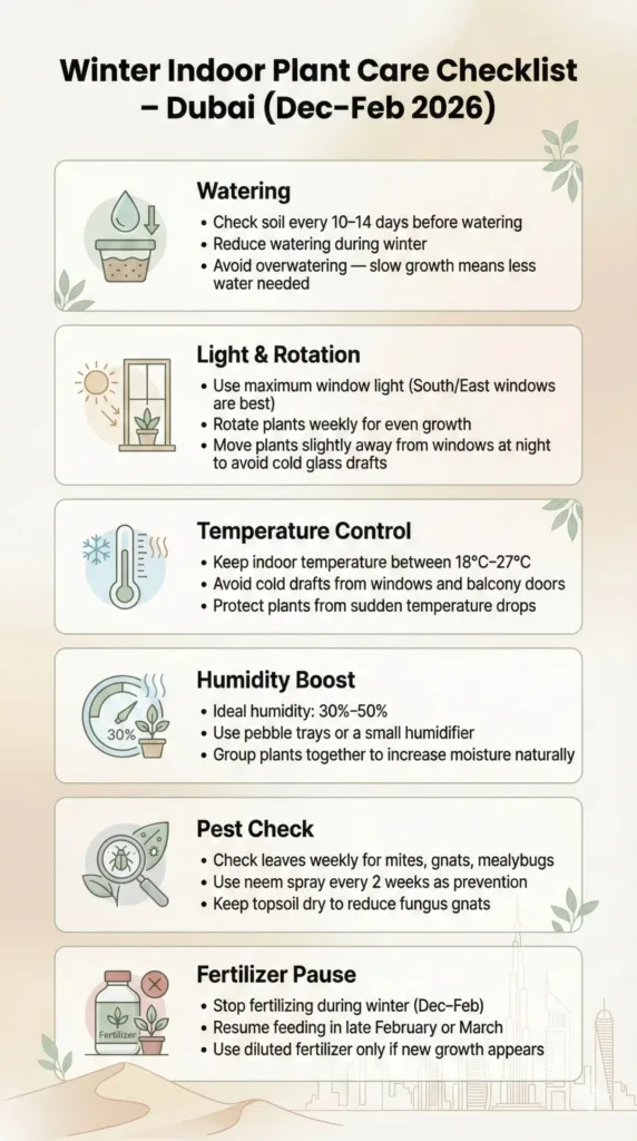 Checklist infographic for indoor plant care during Dubai winter (Dec–Feb), minimal and clean design.