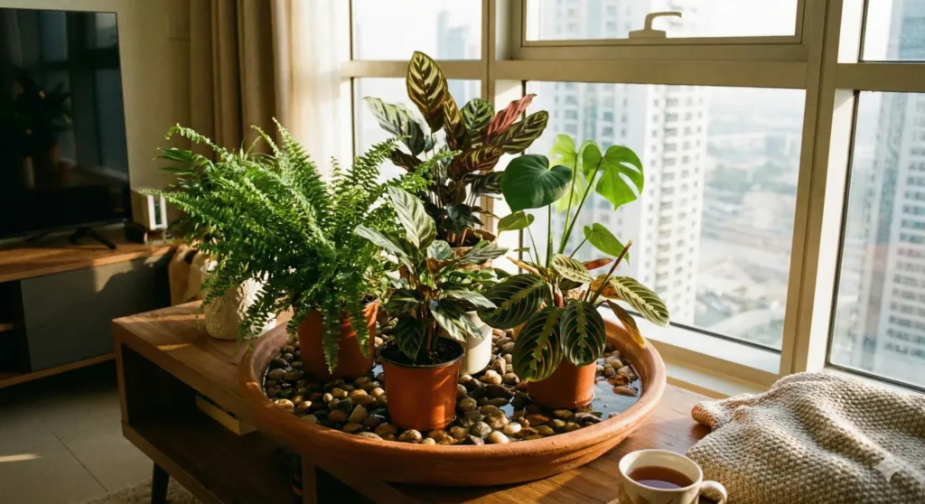 Group of indoor plants arranged on a tray for humidity in Dubai apartment, warm winter light, realistic indoor scene.