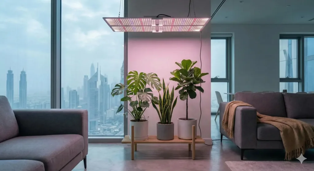 Indoor plants under full-spectrum LED grow lights in modern Dubai apartment during winter, clean minimal style