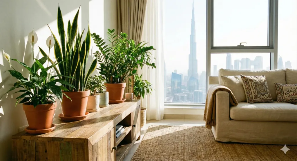 Indoor plants near bright window in Dubai apartment during winter, featuring Snake Plant and Peace Lily, cozy warm environment.