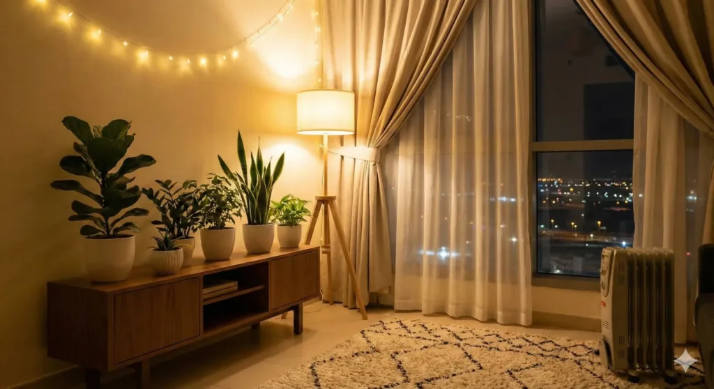 Indoor plants placed away from cold windows inside Dubai home, nighttime winter ambiance, warm indoor lighting