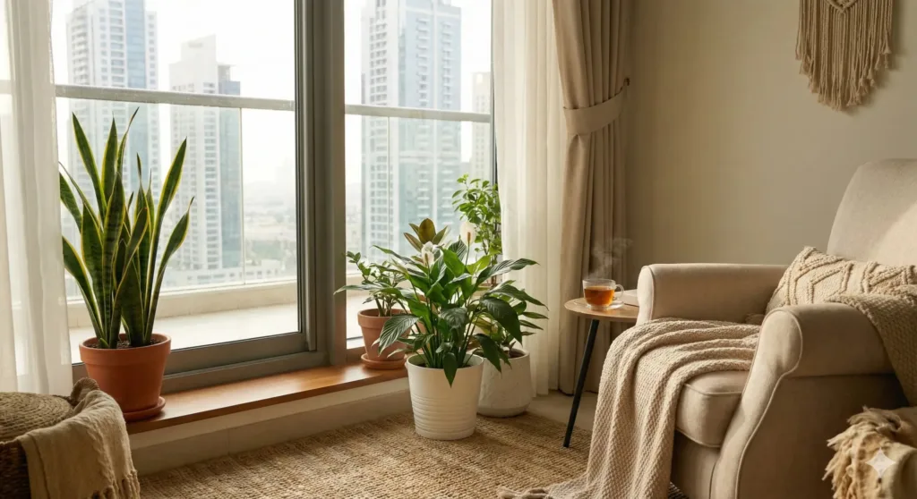 Collection of winter-friendly indoor plants including Snake Plant, ZZ Plant, Peace Lily in Dubai apartment living room, bright morning light.